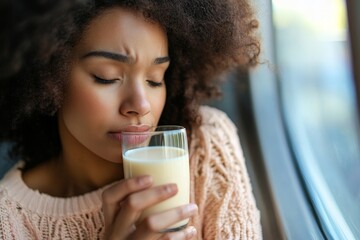 Lactose intolerance concept: A woman holding a glass of milk and experiencing  discomfort, highlighting the challenges of dairy consumption, Generative AI