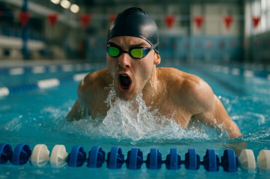 Intense swimmer emerging from water during a race in an indoor pool, showcasing determination and athleticism in a competitive environment