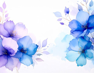 Obraz premium Delicate watercolor painting of blue and purple flowers, artistically arranged on a white background.