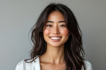 Happy young Asian woman smiling, radiating positivity and joy, isolated on a neutral background, Generative AI
