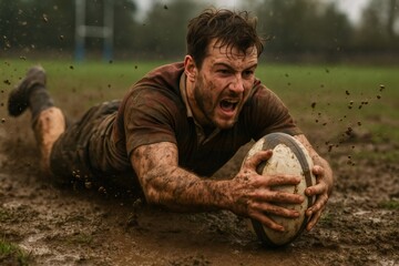 Intense rugby player diving in muddy field, gripping the ball tightly, showcasing determination and passion for the sport