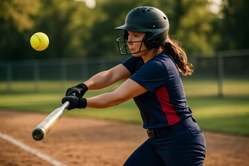 Young female athlete in action, concentrating on hitting a softball during practice on a sunny field, showcasing skill and determination