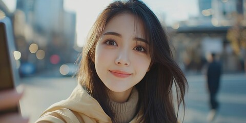 Young Asian woman recording herself for a vlog via smartphone, sharing her experiences and insights with her audience, Generative AI
