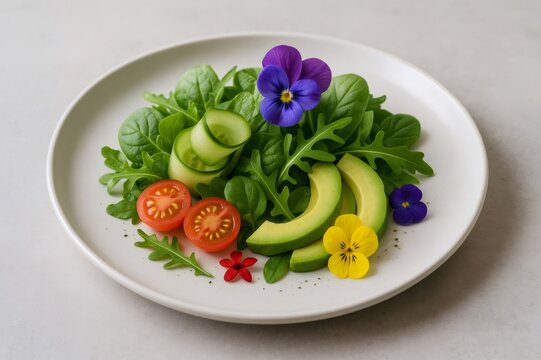 Vibrant salad featuring fresh greens, avocado slices, cherry tomatoes, cucumber, and edible flowers, elegantly arranged on a white plate