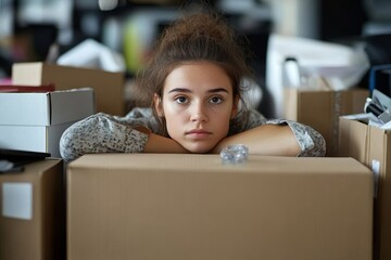 Young employee packing her belongings on the desk, preparing to leave the office after resigning for a promotion at a new job, Generative AI