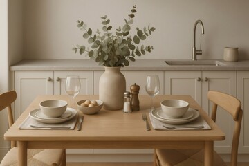 Minimalist Scandinavian kitchen with wooden table, elegant tableware, and eucalyptus centerpiece, highlighting modern design and simplicity