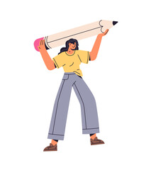 Tiny woman stands with hands up and holds big pencil. Little person carries huge stationery for writing. Girl raises large crayon, drawing tool. Flat isolated vector illustration on white background © Paper Trident