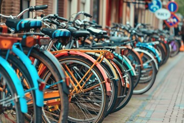 Obraz premium Many colorful bicycles are parked on a sidewalk, promoting eco friendly commuting and urban mobility
