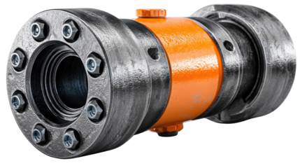 Industrial Metal Coupler: A closeup shot of a industrial metal coupler, showcasing its robust design and orange body, bolted joints, and precise engineering.