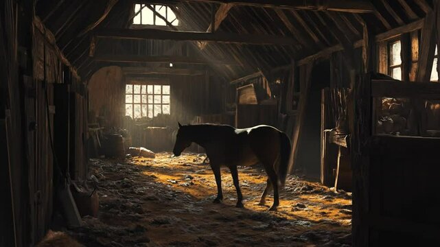Sunlight streams into a dusty old barn, a lone horse stands patiently