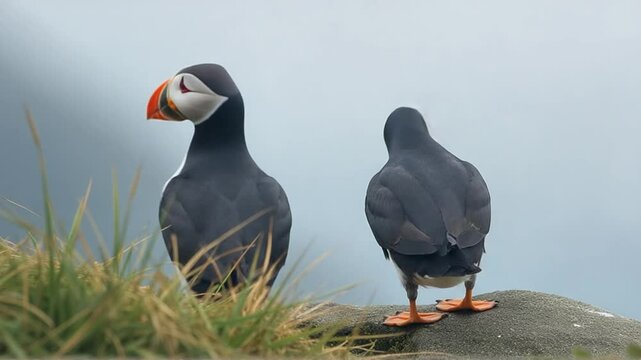 atlantic puffins perching on cliff edge interacting in natural habitat video