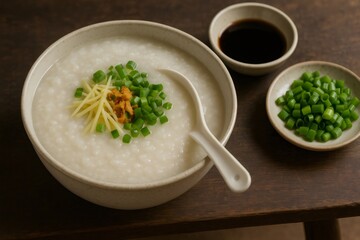 Rice porridge garnished with ginger and spring onions, served with soy sauce, embodies the essence of Thai cuisine