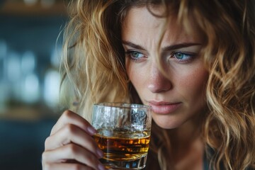 Depression and anxiety concept: A woman drinking whisky alone, struggling with emotional distress and seeking solace, Generative AI