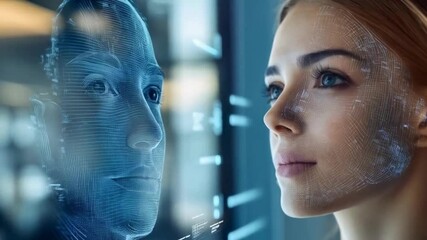 Facial recognition technology in use, Woman interacting with digital identity scan, AI interface scanning human face
- Powered by Adobe