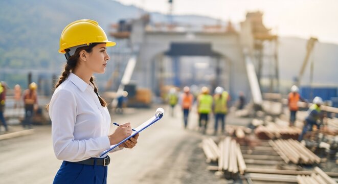 Woman engineer making notes on a clipboard during a bridge construction site visit. Infrastructure development project.