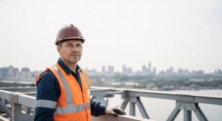 A man in a safety helmet and reflective vest stands on a bridge, focused on its construction and engineering.