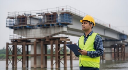 A male indian construction civil engineer checking and inspecting a bridge construction project. Professional at work, infrastructure development.