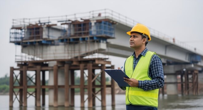 A male indian construction civil engineer checking and inspecting a bridge construction project. Professional at work, infrastructure development.
