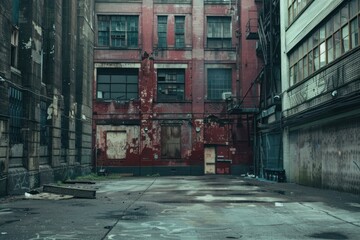 Deserted back alley with decaying industrial buildings and peeling paint, evoking a sense of urban decay and abandonment