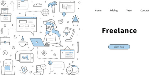 Fototapeta premium Minimalist freelance work concept with woman using laptop, surrounded by icons of digital tools, communication, and productivity. Clean line art style with blue highlights, ideal for web or editorial.