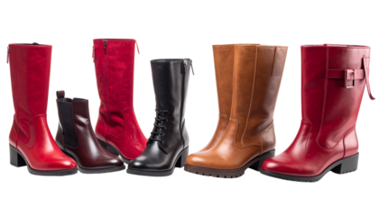 Stylish collection of autumn winter red brown boots high chic isolated on solid white background