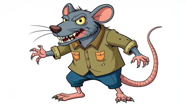A menacing cartoon rat, anthropomorphized in tattered clothing, displays aggressive posture and bared teeth.