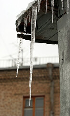 Beautiful icicles hang gracefully from an old wooden roof during a cold winter day in a quaint neighborhood