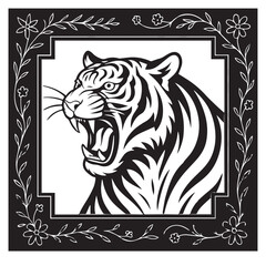 Obraz premium Tiger Roar Frame Fierce Animal Enclosed designed Border vector image