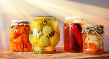 Colorful jars of homemade pickled vegetables and fruits arranged on a wooden surface in bright sunlight