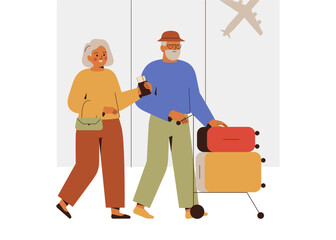 senior couple go with full luggage cart at the airport. Grandparents with suitcases and tickets in hands in the hall departure terminal. Elderly family travel on summer holiday. Vector illustration