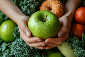 Woman on a health-conscious diet: Close-up of a female choosing green apple and vegetables over a donut for better health, Generative AI