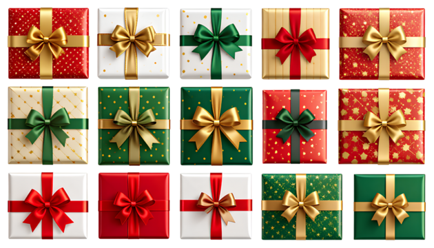 Christmas Luxury Gift Pattern Set Top-Down View PNG Bundle, Transparent Background PNG - Powered by Adobe