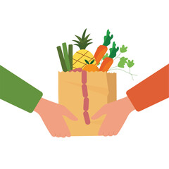 Customer hand receiving parcel paper bag with full of groceries Food from delivery man. Food home delivery concept. Vector illustration