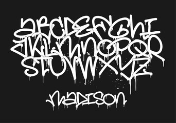 Urban graffiti marker font with drips, street art tag alphabet and dynamic splatter set © rosovskyi