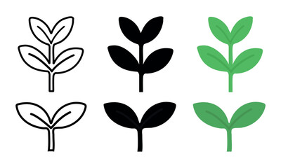 Set of plant sprout icons in different styles isolated on white background, graphic illustration. concept of growth, nature, leaves, garden elements, eco-friendly design, logo ideas