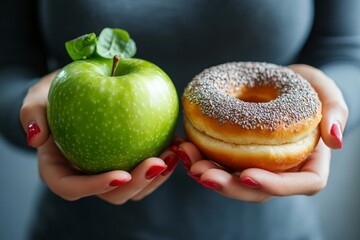 Woman on a health-conscious diet: Close-up of a female choosing green apple and vegetables over a donut for better health, Generative AI