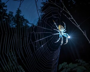 Biolume Spider Dance &ndash; Giant glowing spider weaving web at midnight