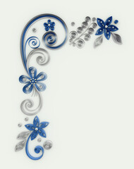 Floral design, decorative gray and blue corner. Imitation of paper work, quilling technique with pearl beads. Render of 3D model.