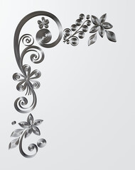 Monochrome floral design, gray decorative corner. Imitation of paper work, quilling technique. Render of 3D model.