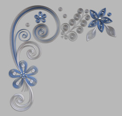 Floral design, decorative gray and blue corner. Imitation of paper work, quilling technique with pearl beads. Render of 3D model.