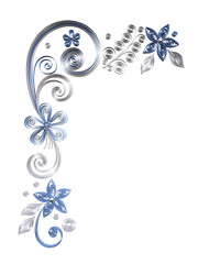 Floral design, decorative corner. Imitation of paper work, quilling technique with pearl beads. Render of 3D model. PNG, no background.