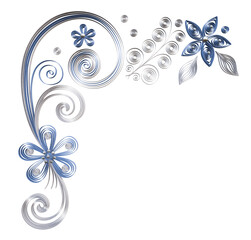 Floral design, decorative corner. Imitation of paper work, quilling technique with pearl beads. Render of 3D model. PNG, no background.