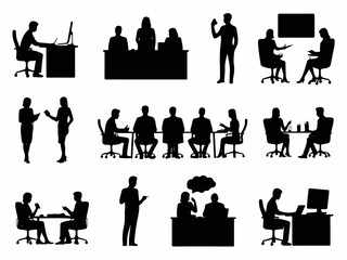 Collection of diverse business meeting and office work scenes depicted in a clean modern silhouette style showcasing collaboration and professional interactions silhouette