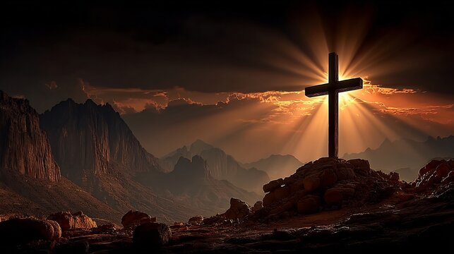 Sunset Cross Mountain Landscape Faith Hope.