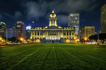 Oakland city hall glowing at night with green grass lawn and modern office buildings in the background