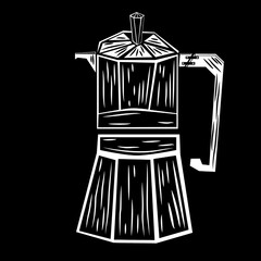Black and white abstract illustration of a moka pot. Kitchen equipment. Cafe. Pot for preparing coffee drinks. Traditional equipment for preparing coffee.