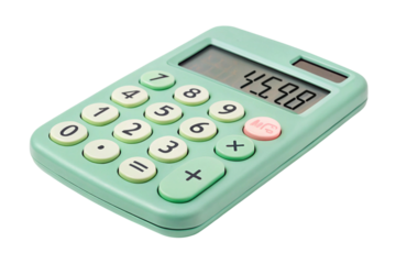 Cute pastel green calculator with digital display and buttons isolated on transparent background