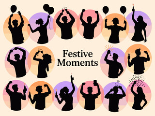 Collection of diverse people celebrating and toasting with champagne glasses and balloons in a festive silhouette style