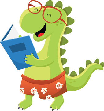 Cute Dinosaur Reading Book With Joy