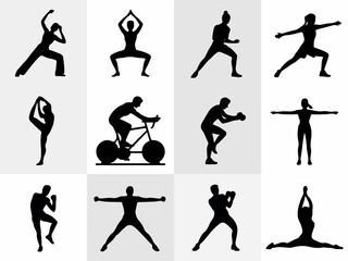 Collection of diverse fitness activities and yoga poses represented by black silhouettes on a light gray background for health and wellness concepts silhouette